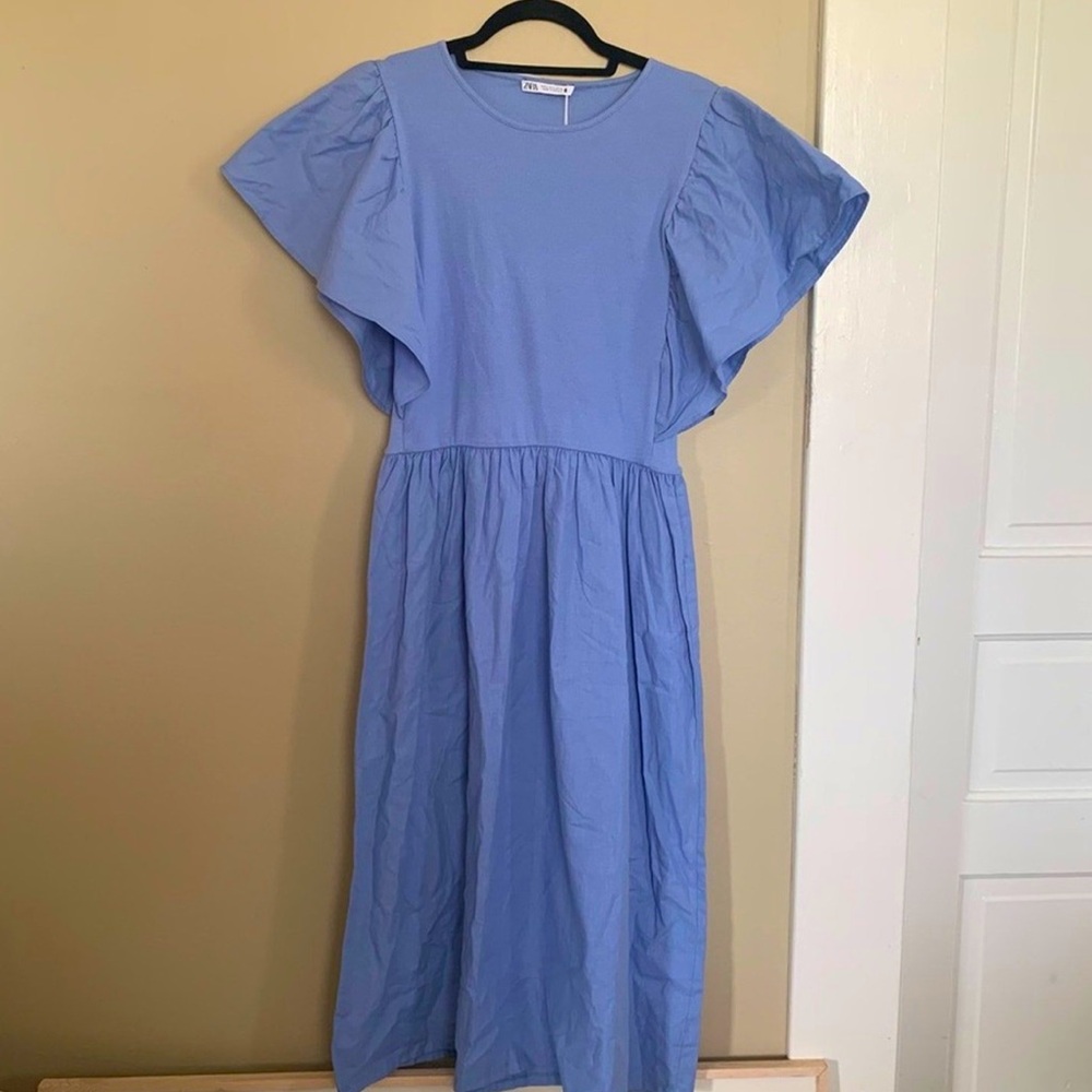 ZARA Ruffled Sleeve Ribbed Midi Dress Blue Size Large NWOT Cotton Stretch